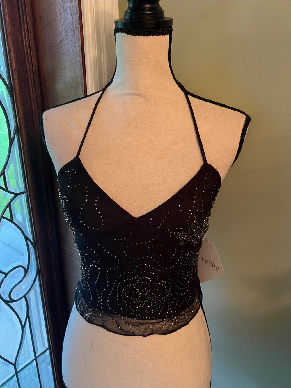 Embellished Black Halter Beaded Crop Top